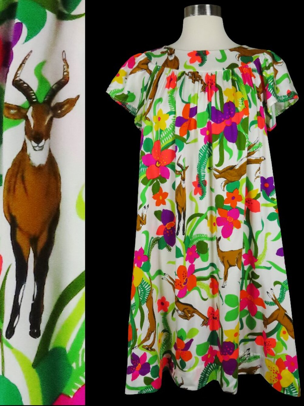 Vintage 60s Novelty Print Antelope Animal Tropical MuuMuu Caftan House Dress OS